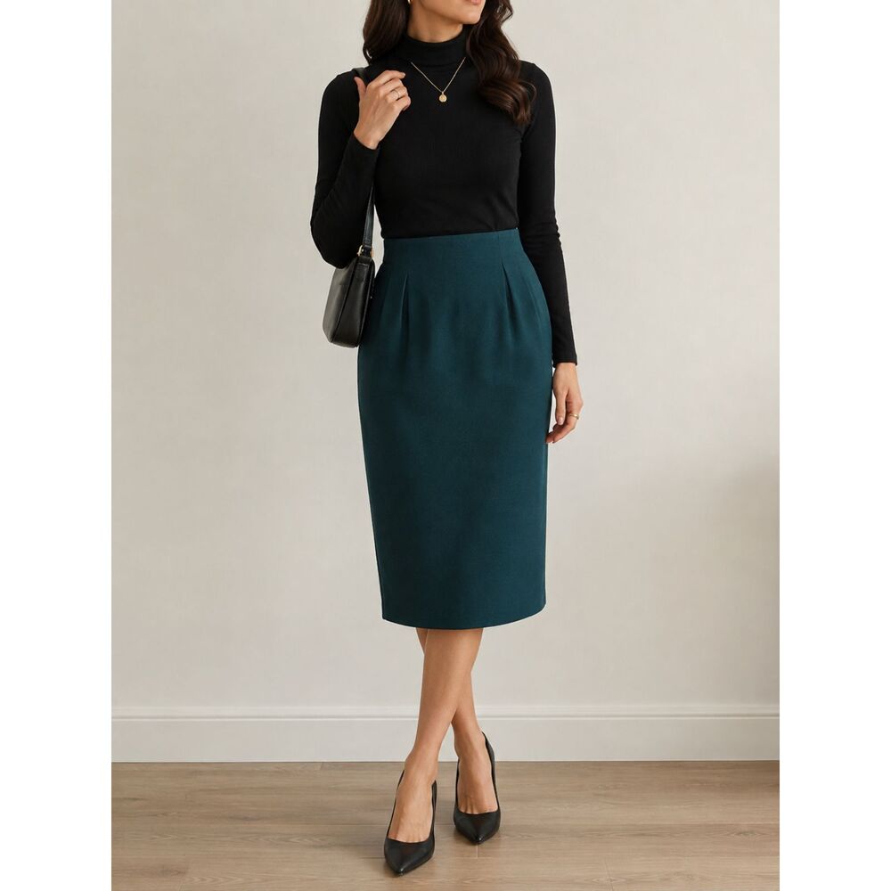 Vintage 100% Worsted Wool Pencil Skirt Teal Green High Waist Midi Size 14